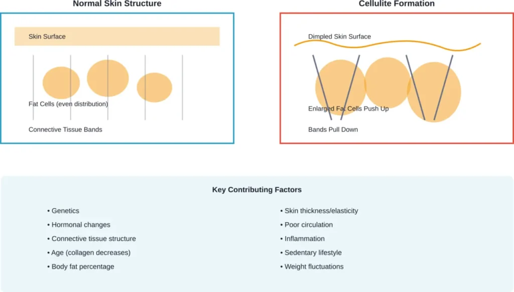 How cellulite forms: fat cells push through vertical connective tissue bands, creating the characteristic dimpled appearance on the skin surface.