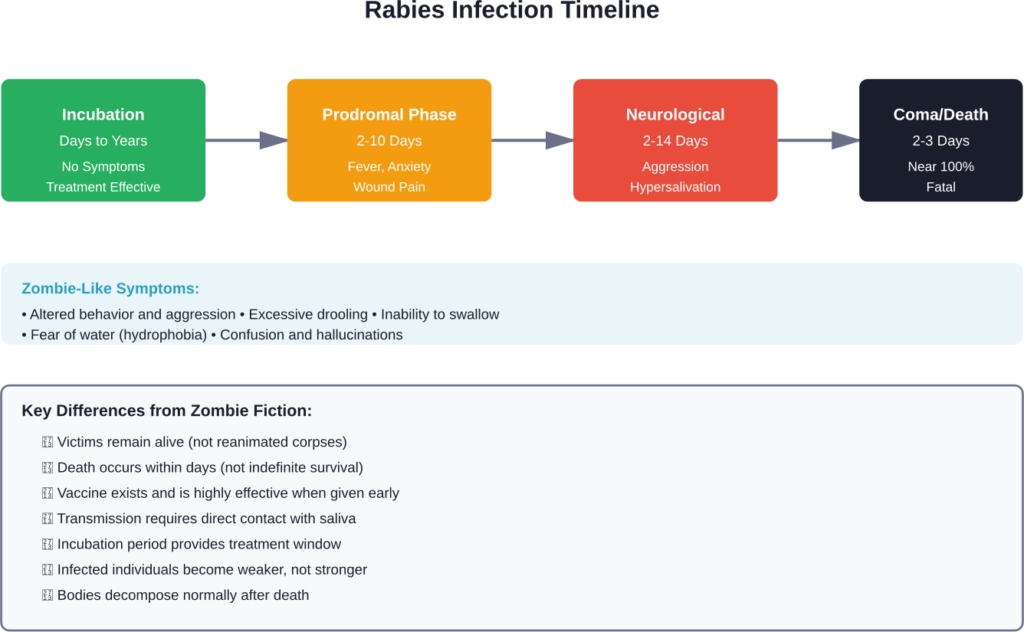 Timeline and progression of rabies infection, showing zombie-like symptoms during neurological phase and key differences from fictional zombies