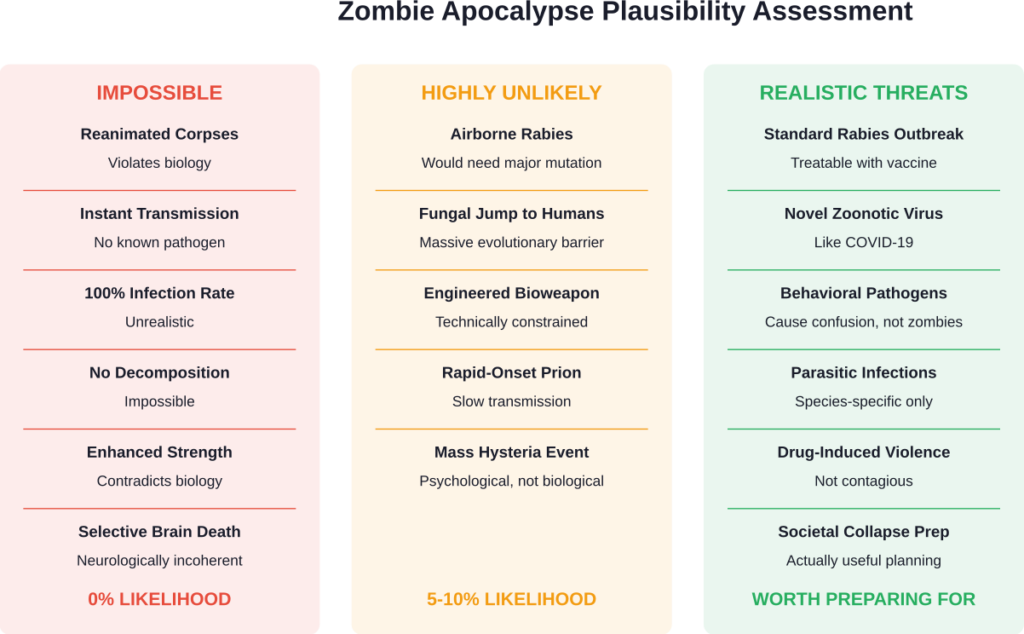 Comparison of zombie apocalypse scenarios ranked by scientific plausibility and actual pandemic threat levels
