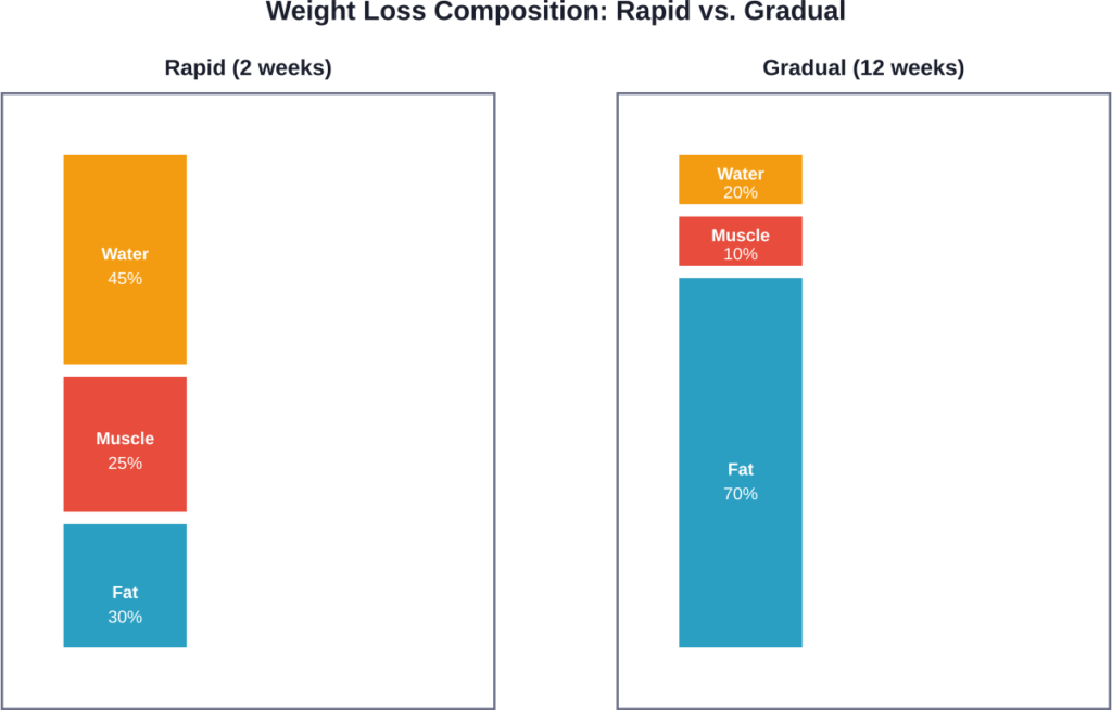 Rapid weight loss includes significantly more water and muscle loss compared to gradual approaches that preserve lean tissue and primarily reduce fat stores.