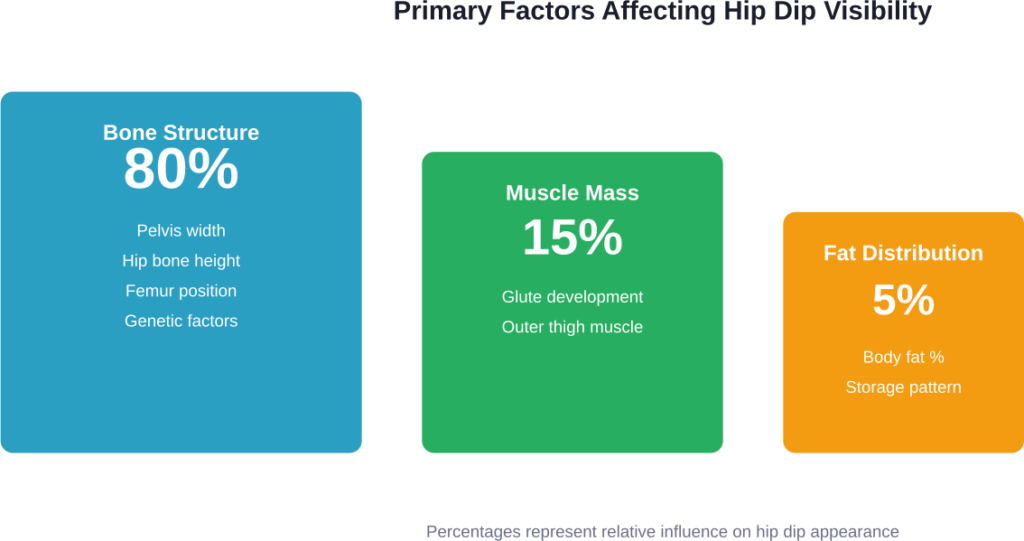 The relative contribution of different factors to hip dip visibility, with bone structure being the dominant factor.