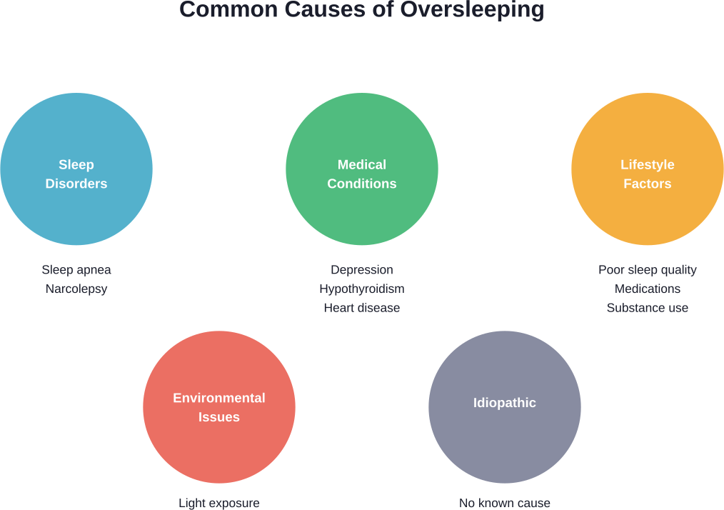 Oversleeping can result from multiple factors including sleep disorders, underlying medical conditions, lifestyle choices, environmental factors, or unknown causes.