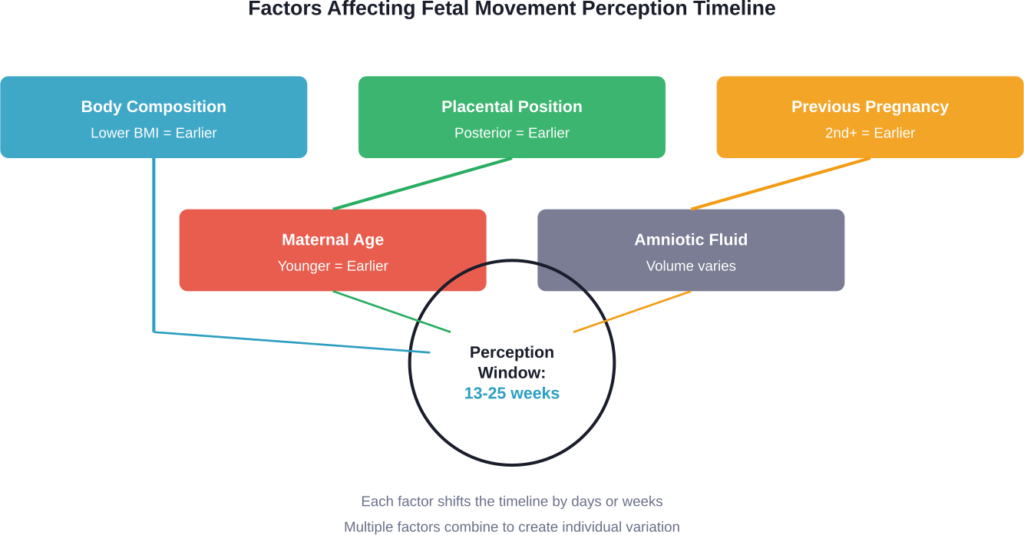 Multiple factors combine to determine when individual women first perceive fetal movements, creating a wide range of normal experiences.