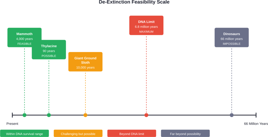 De-extinction feasibility decreases dramatically with time since extinction, with dinosaurs falling far beyond the DNA survival limit.