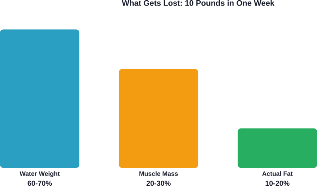 Composition breakdown of rapid weight loss shows water weight dominates, with minimal fat reduction