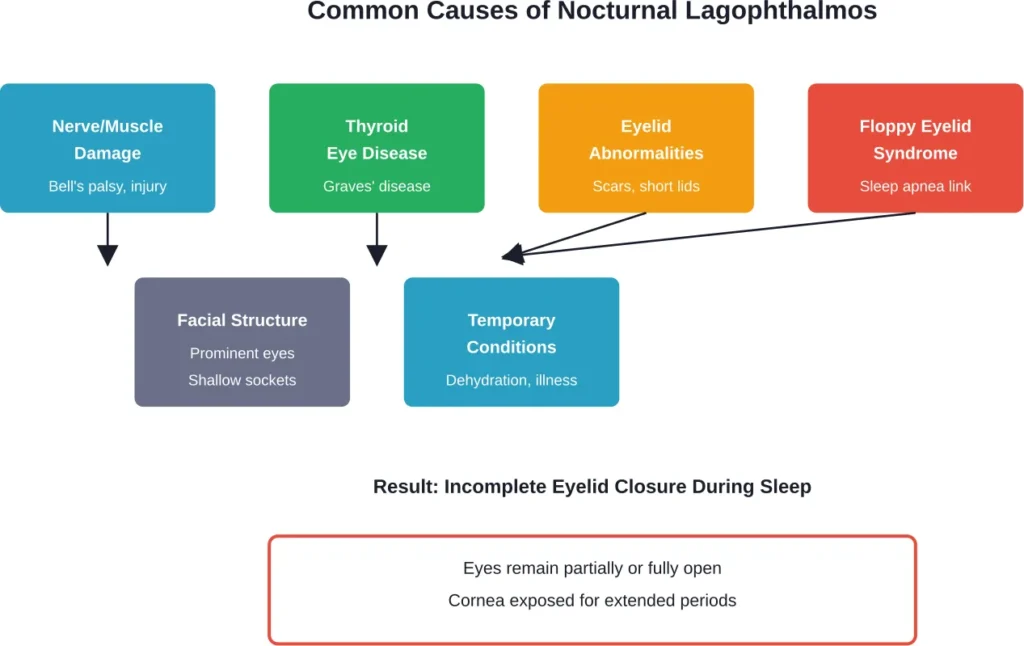 The various pathways that can lead to nocturnal lagophthalmos, all resulting in inadequate eyelid closure during sleep.
