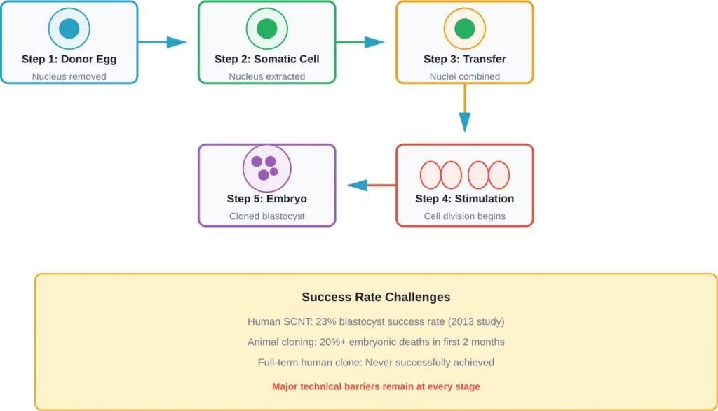 The somatic cell nuclear transfer (SCNT) process used in cloning attempts, showing the five main stages and current success rate limitations
