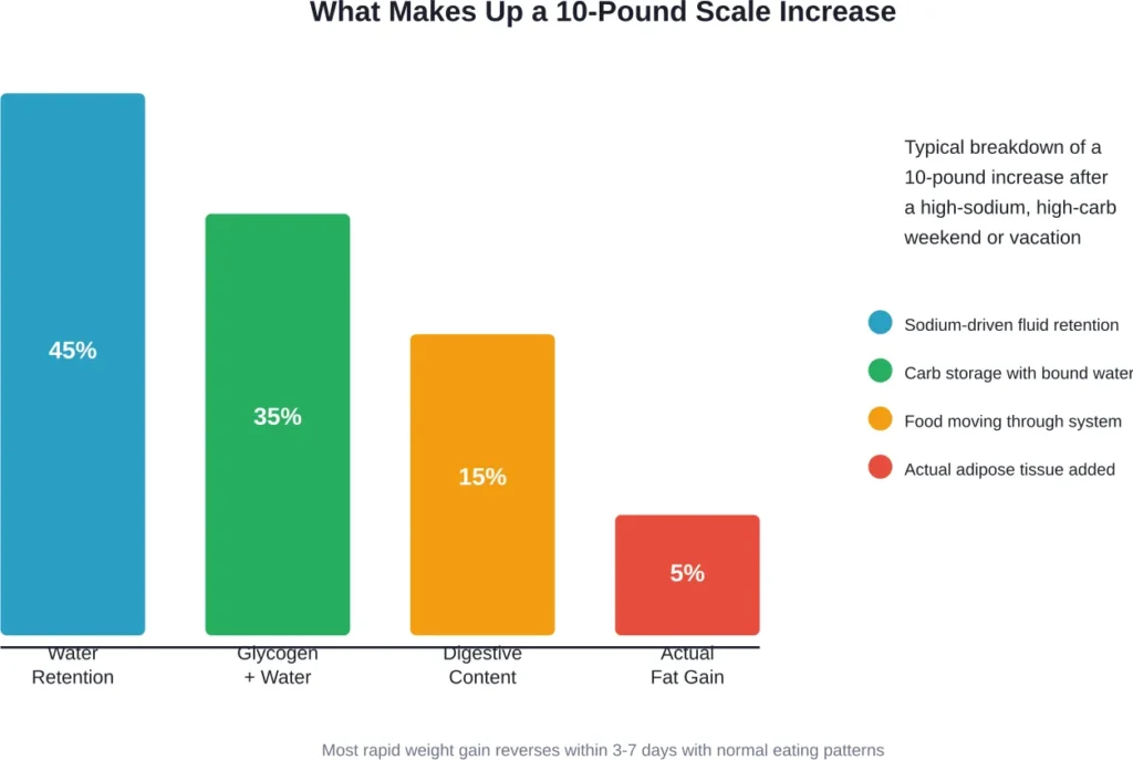 The majority of rapid scale increases come from temporary water and digestive fluctuations, not permanent fat storage

