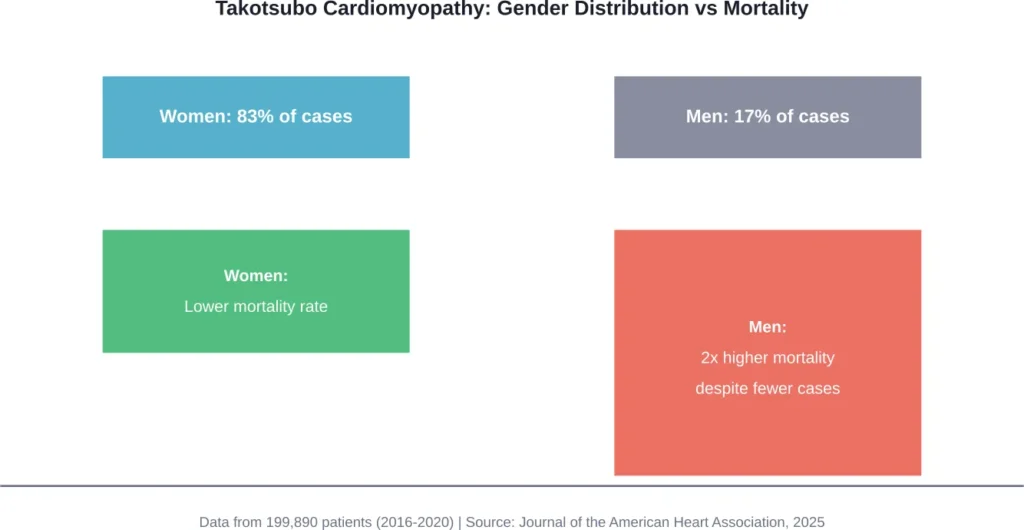 Gender paradox in broken heart syndrome: women account for most cases but men face double the mortality risk.