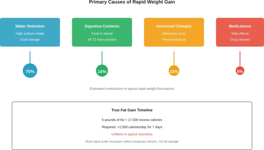 Visual breakdown showing the primary contributors to rapid weight fluctuations versus the requirements for actual fat gain.