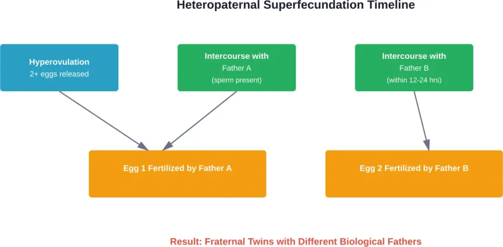 The biological process showing how heteropaternal superfecundation occurs through hyperovulation and precise timing