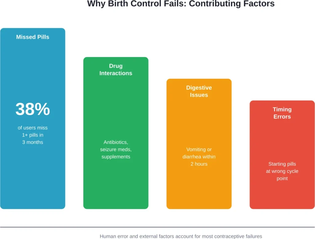 The most common factors contributing to birth control failure, with missed pills being the leading cause among oral contraceptive users.