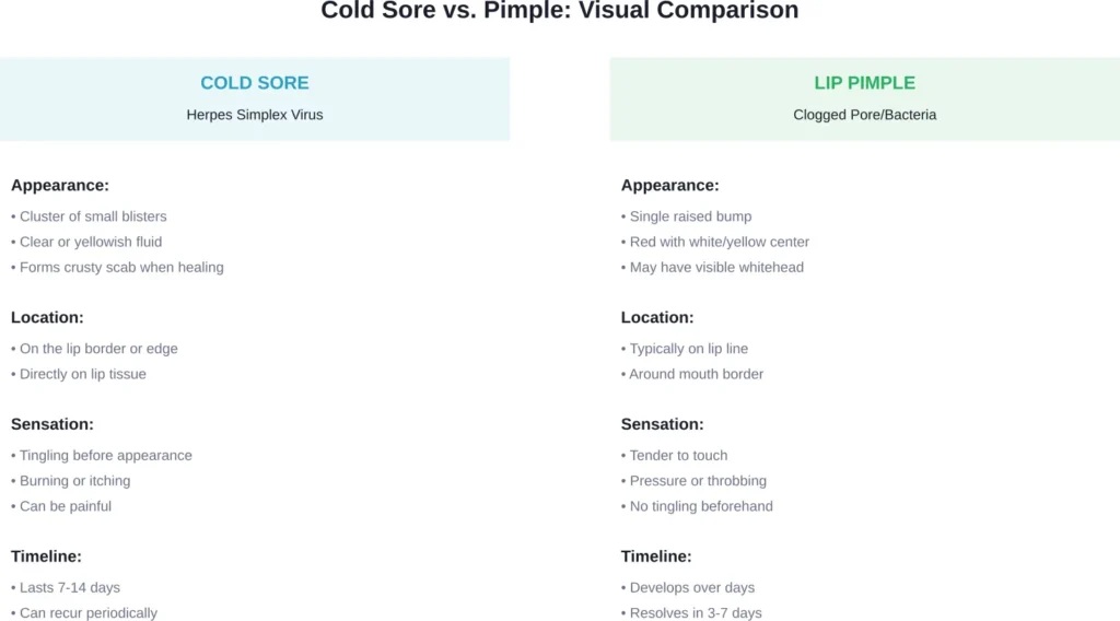 Key differences between cold sores and lip pimples based on cause, appearance, location, and symptoms
