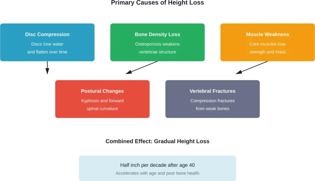 The five main factors that contribute to height loss as people age, with disc compression and bone density loss being the most significant contributors.