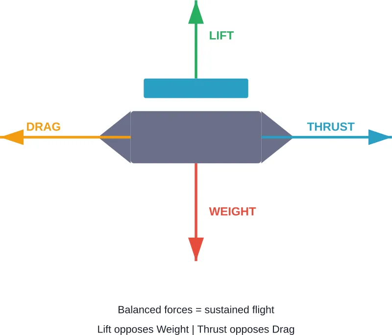 The four fundamental forces acting on an aircraft during flight
