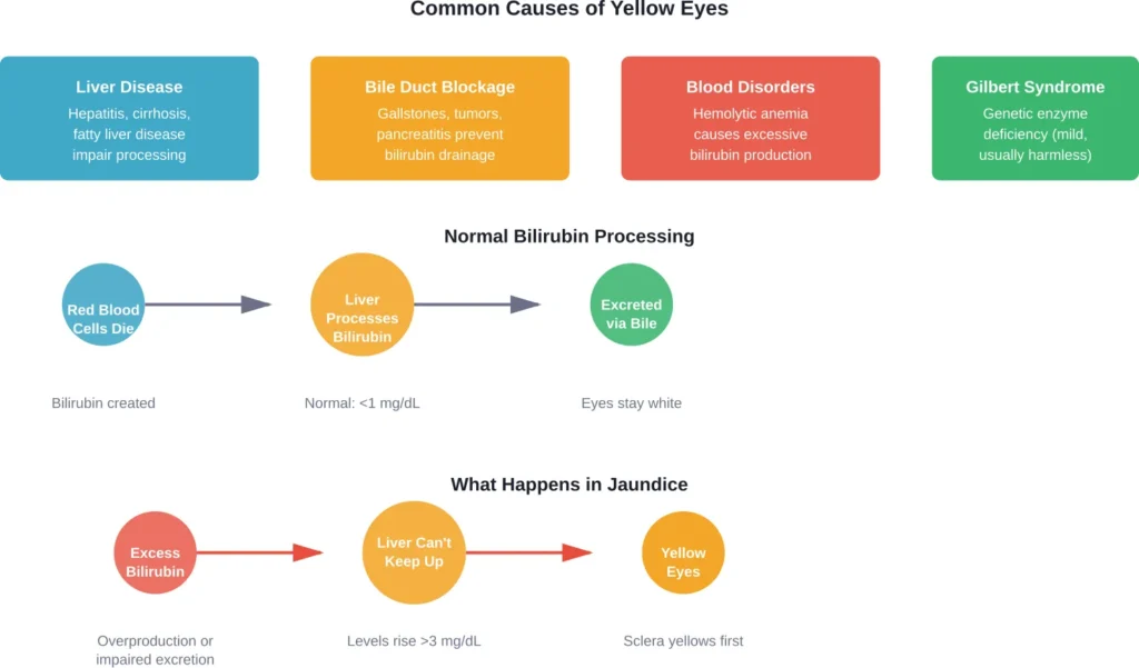 How bilirubin processing works normally versus what happens when jaundice develops, causing yellow eyes