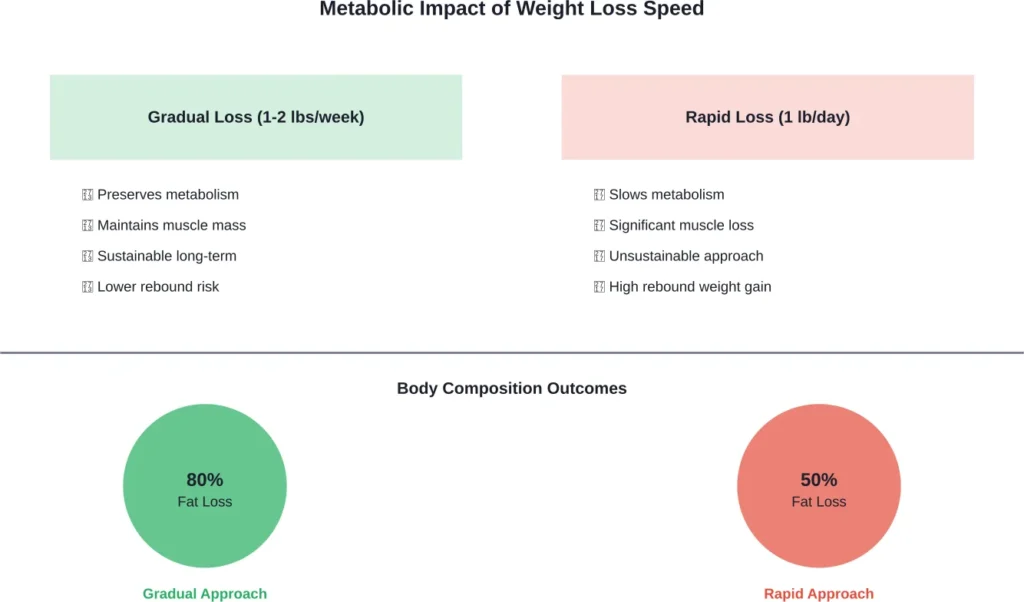 Comparison showing how gradual weight loss preserves metabolism and muscle mass versus rapid weight loss approaches