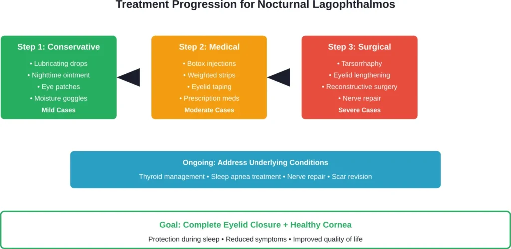 Treatment typically progresses from conservative measures to more intensive interventions based on severity and response.
