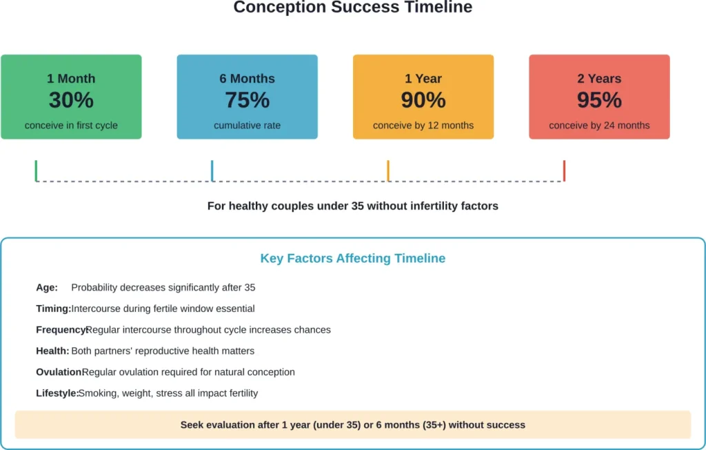 Timeline showing cumulative conception rates for healthy couples, with key factors affecting success and when to seek medical evaluation.
