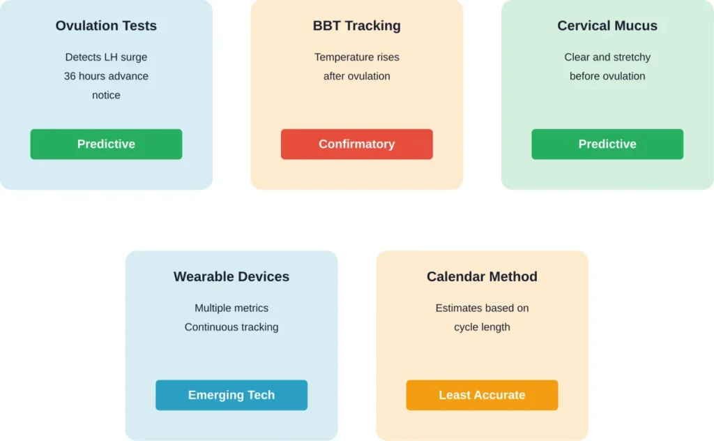Comparison of ovulation tracking methods showing predictive versus confirmatory approaches and relative accuracy.
