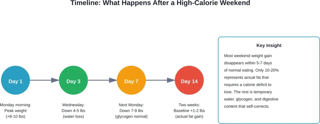Most rapid weight gain following indulgent periods resolves naturally as the body returns to homeostasis
