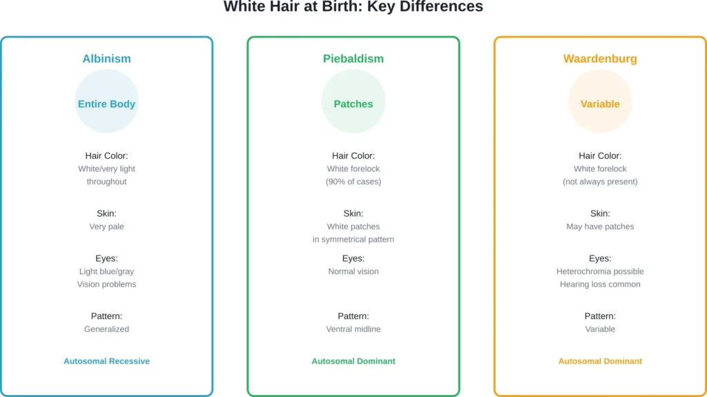 The three main genetic conditions causing white hair from birth differ in their patterns, associated features, and inheritance mechanisms.
