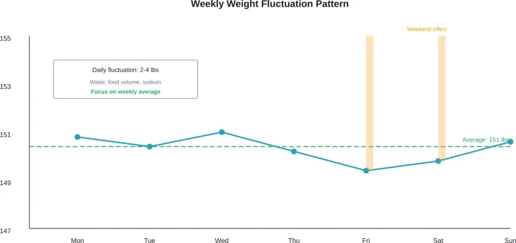 Typical weekly weight pattern showing daily fluctuations around a stable average, demonstrating why single weigh-ins can be misleading.