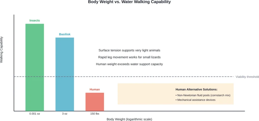 Relationship between body weight and water walking capability showing why humans cannot replicate basilisk lizard locomotion on regular water