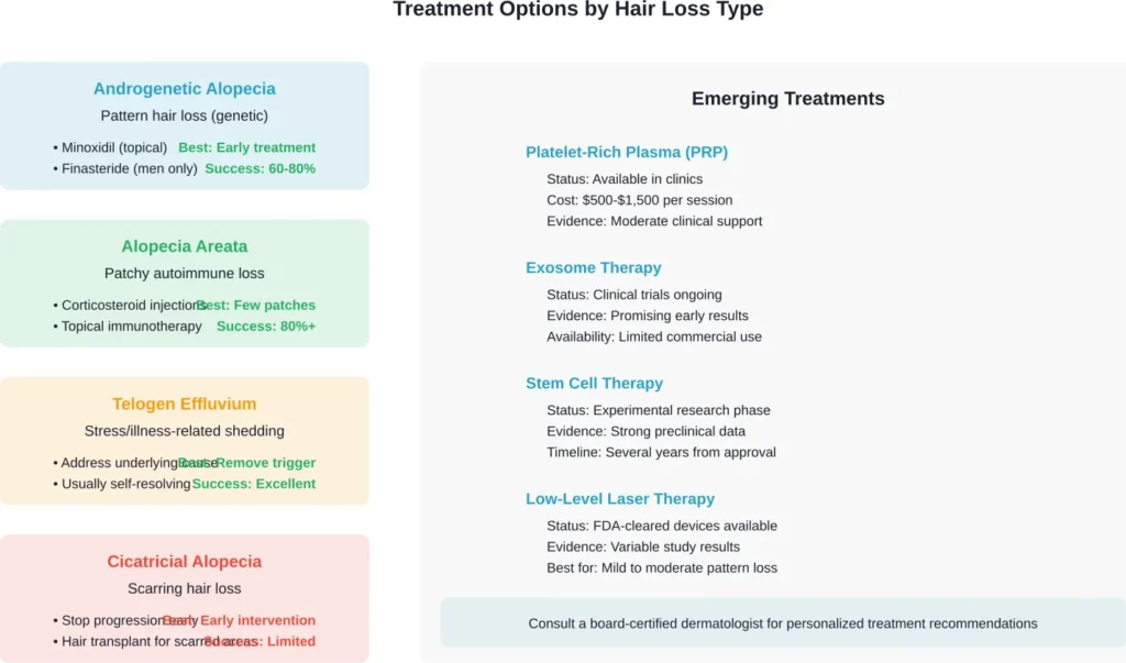 Comprehensive overview of treatment options matched to specific hair loss types and their success rates.

