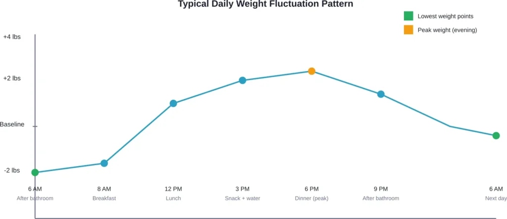 How body weight typically changes from morning to evening based on meals, hydration, and elimination

