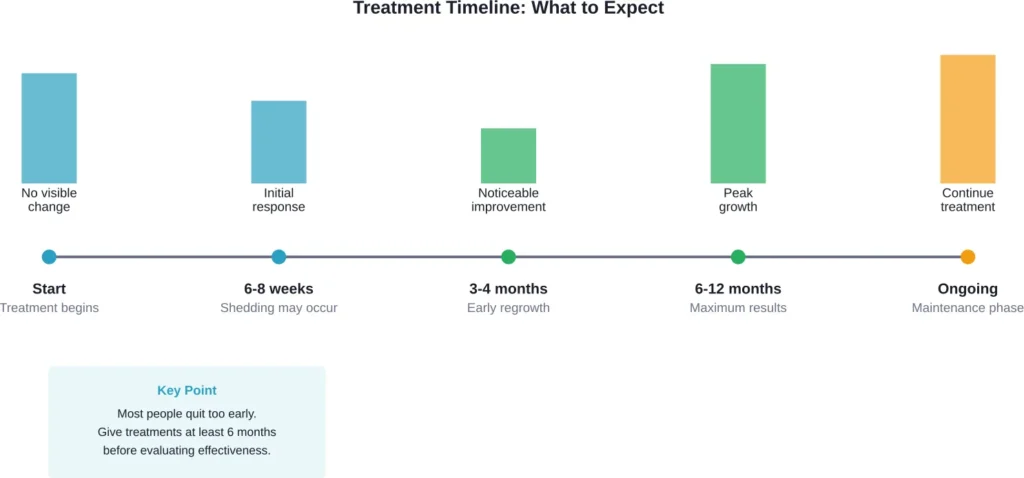 Typical timeline for hair regrowth treatments showing when to expect visible results and why patience matters.
