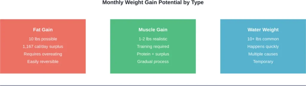 Comparison of monthly weight gain potential across different tissue types showing water retention as the most likely cause of rapid increases