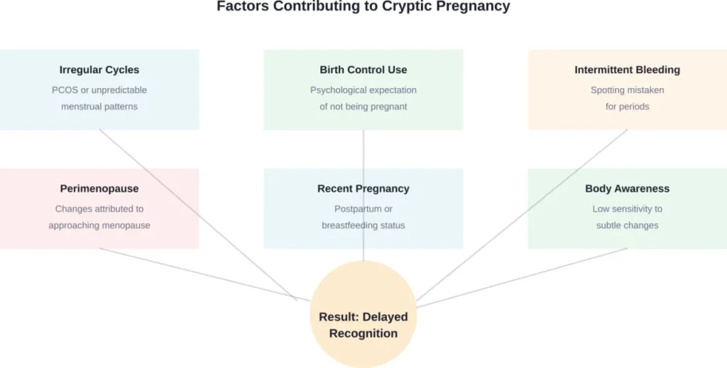 Six common factors that contribute to cryptic pregnancy, where individuals don't recognize they're pregnant until late in pregnancy.