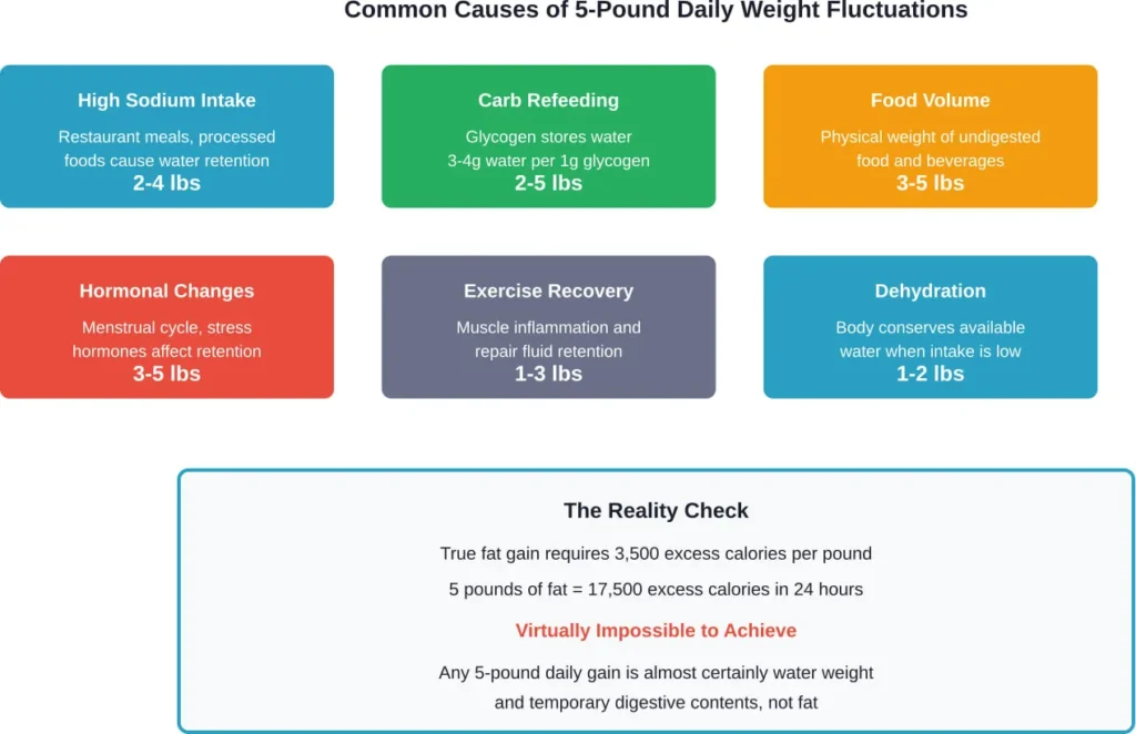 Six primary factors that cause temporary weight fluctuations of up to 5 pounds, none of which represent actual fat gain