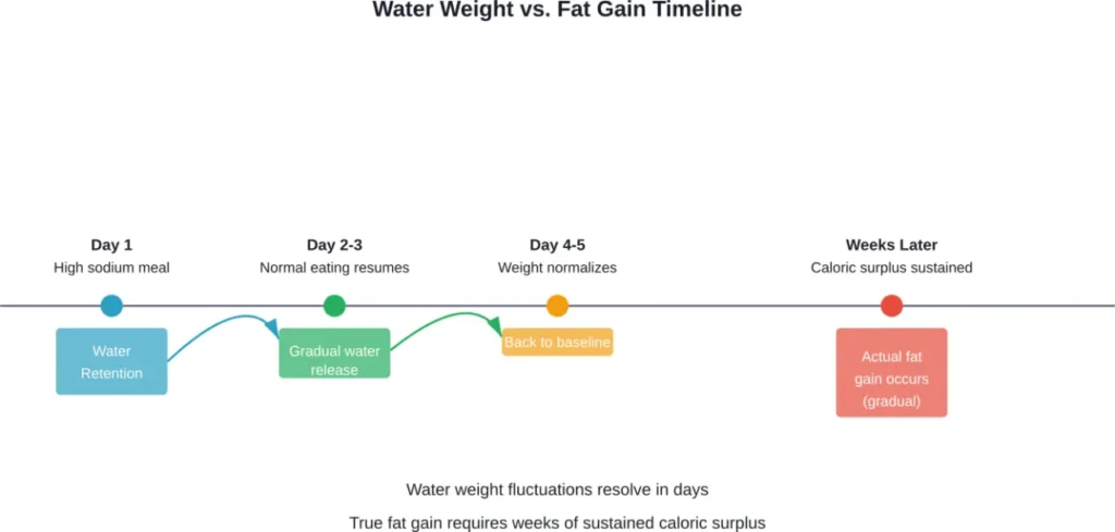 Timeline showing how water weight from a single high-sodium meal resolves within days, while actual fat gain requires sustained caloric surplus over weeks