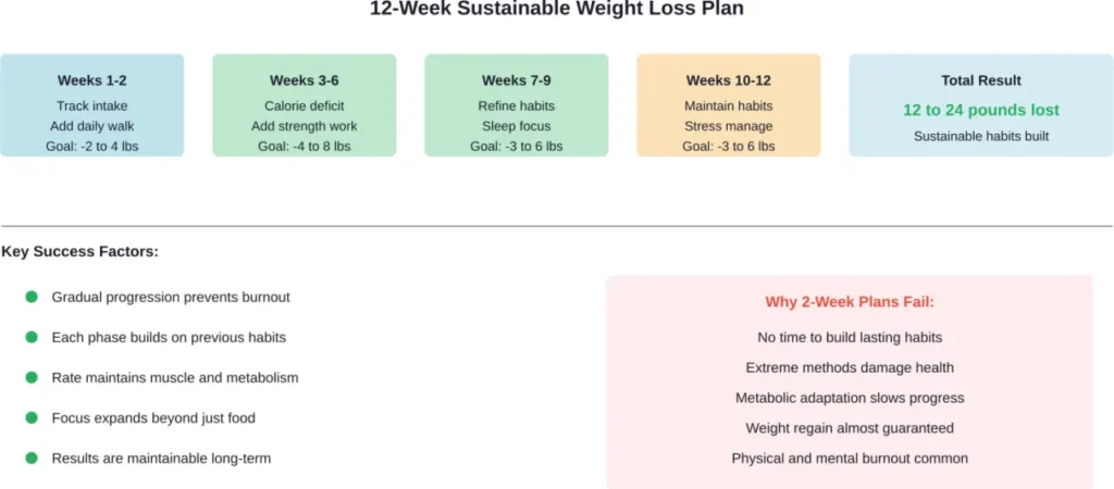 Comparison between a sustainable 12-week plan and why rapid 2-week approaches fail
