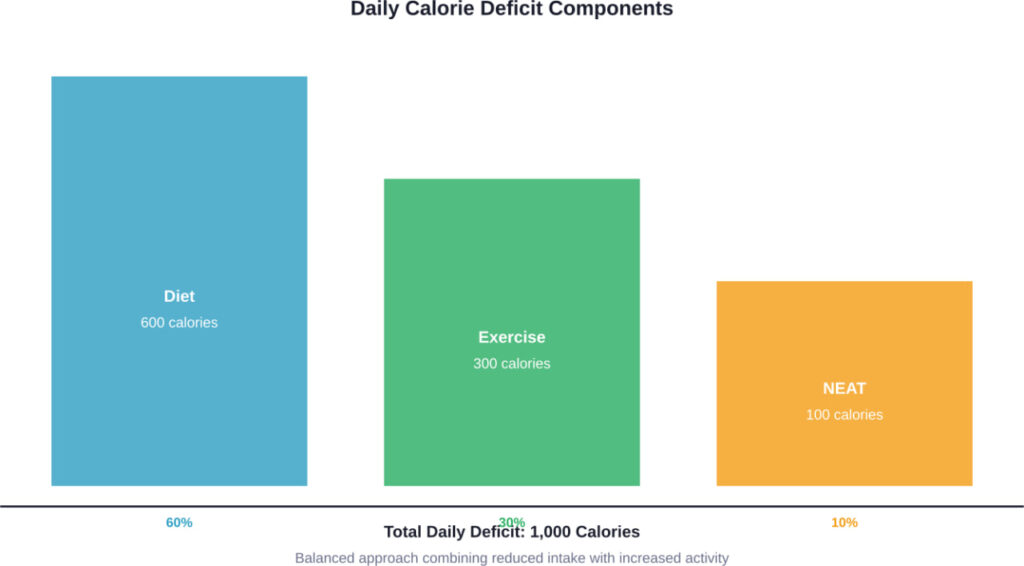Recommended breakdown of daily 1,000-calorie deficit showing diet as primary component, supported by structured exercise and increased daily activity.