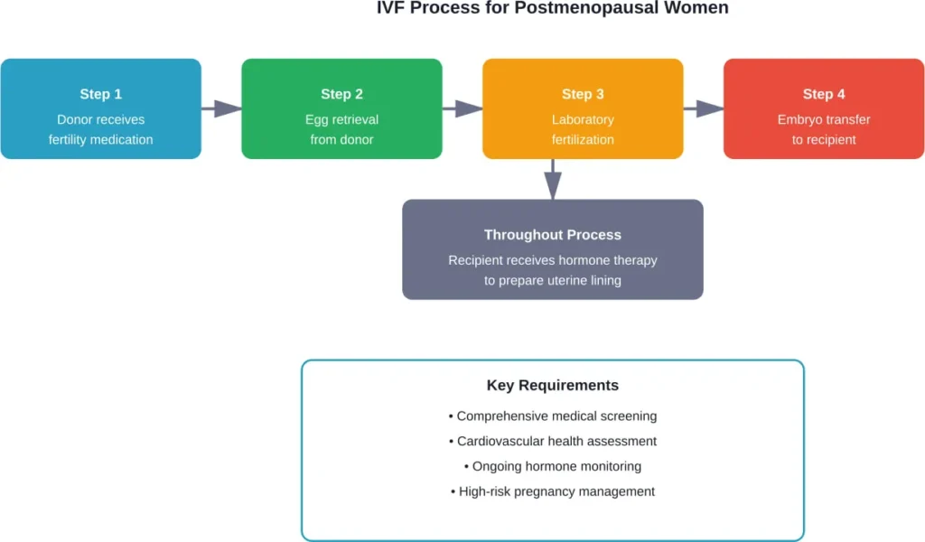 The IVF process for postmenopausal pregnancy requires donor eggs and extensive hormonal preparation.