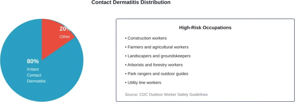 Poison ivy and related plants cause the majority of occupational contact dermatitis cases, particularly affecting outdoor workers.