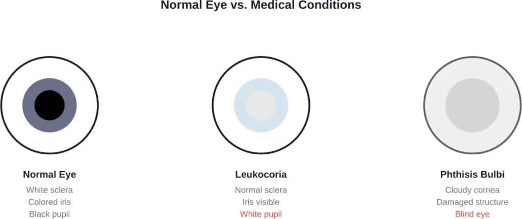 Comparison of normal eye appearance versus medical conditions affecting eye color