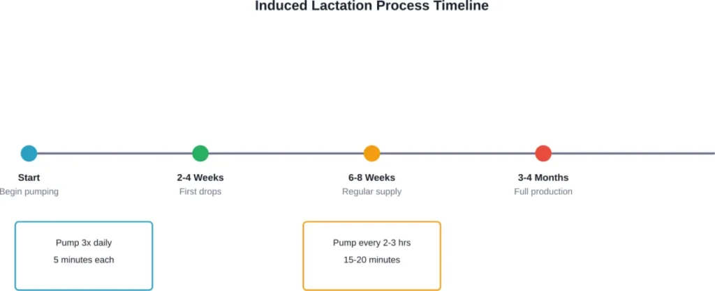 Typical timeline for induced lactation showing progression from initial pumping to full milk production