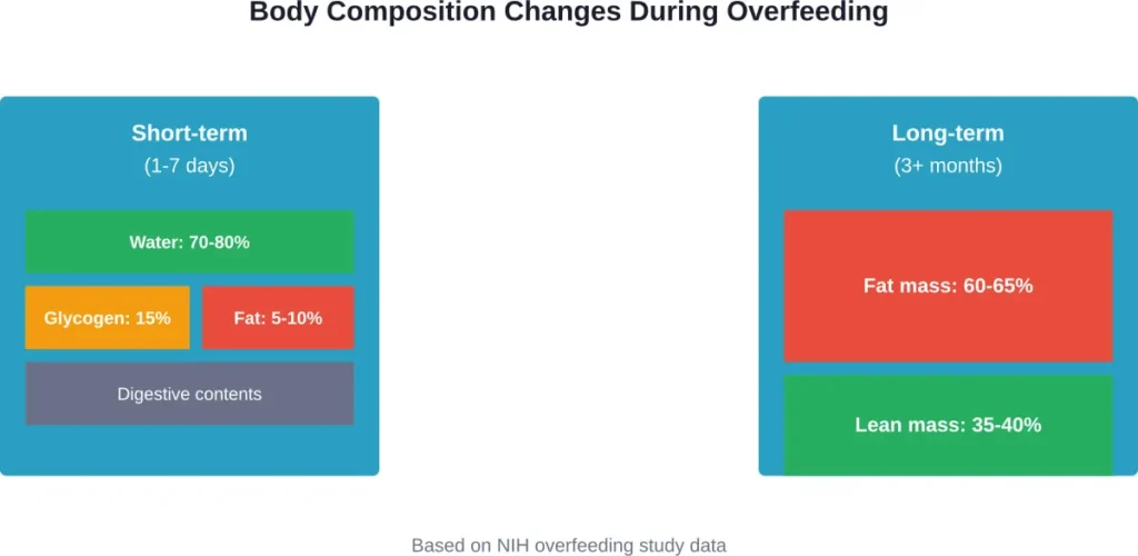 Weight composition changes dramatically between short-term fluctuations and sustained overfeeding over months.