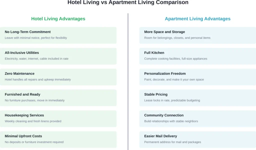 Comparing the key advantages of hotel living versus traditional apartment rentals