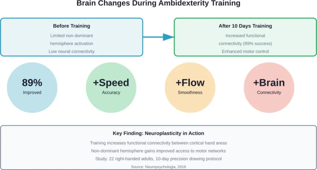 Research demonstrates measurable brain changes and skill improvements after just 10 days of non-dominant hand training, with 89% of participants showing significant progress.