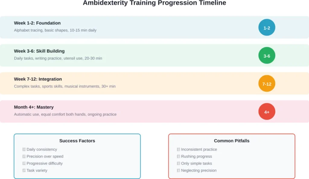 A structured progression timeline for developing ambidexterity, showing typical skill development phases and key success factors versus common obstacles.
