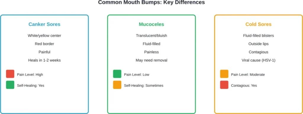Comparison of the three most common conditions mistaken for mouth pimples, showing key identifying characteristics.