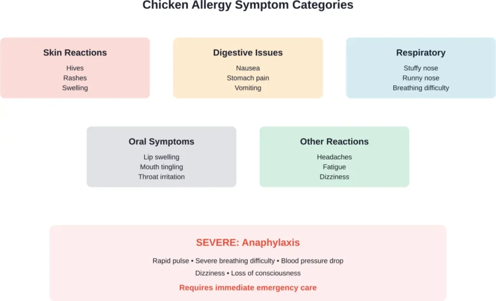 Common symptoms associated with chicken allergy, ranging from mild to severe reactions
