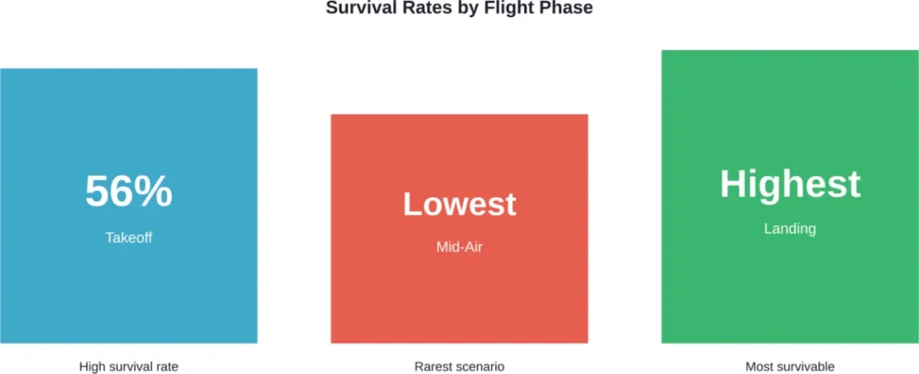 Comparative survival rates across the three main flight phases show landing accidents offer the best survival odds.