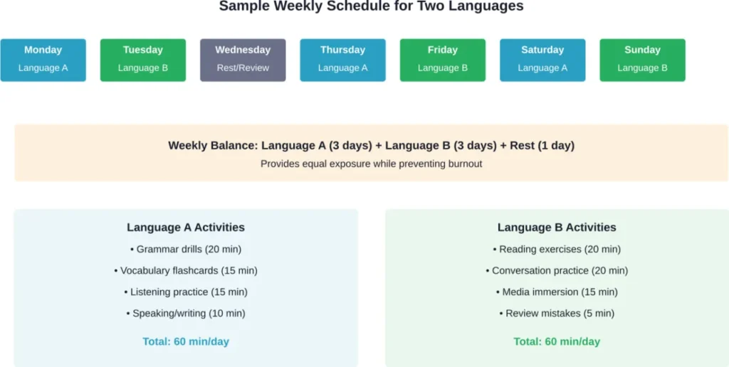 A balanced weekly schedule alternates language focus while maintaining consistent daily practice in each language.