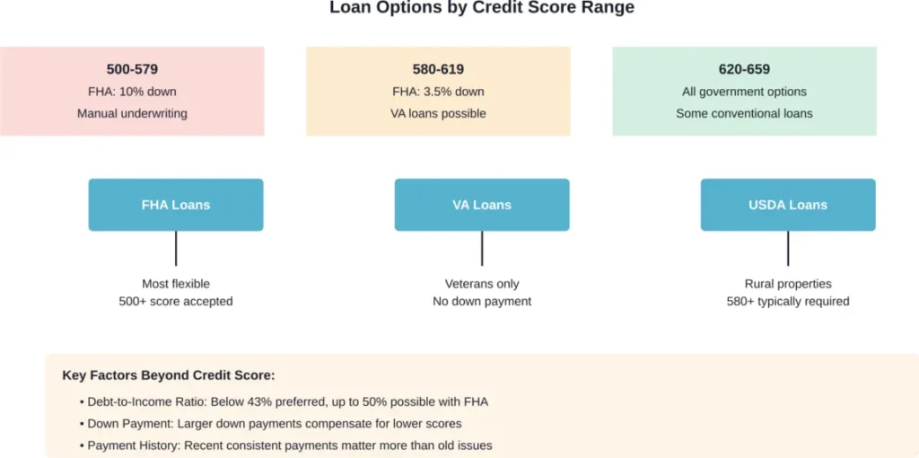 Mortgage loan options available at different credit score ranges, showing government-backed programs that accommodate lower credit scores.